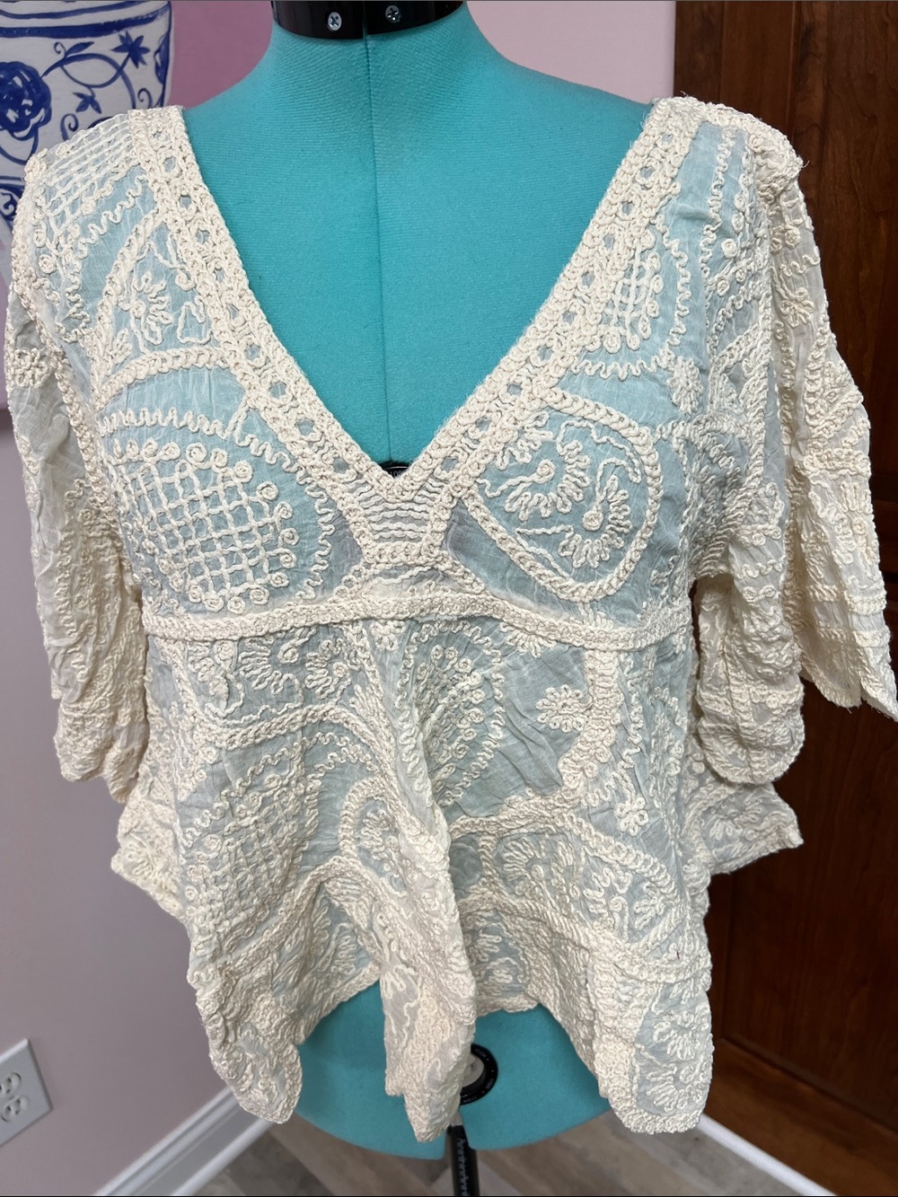 POL Cream Crochet V-Neck Peasant Blouse